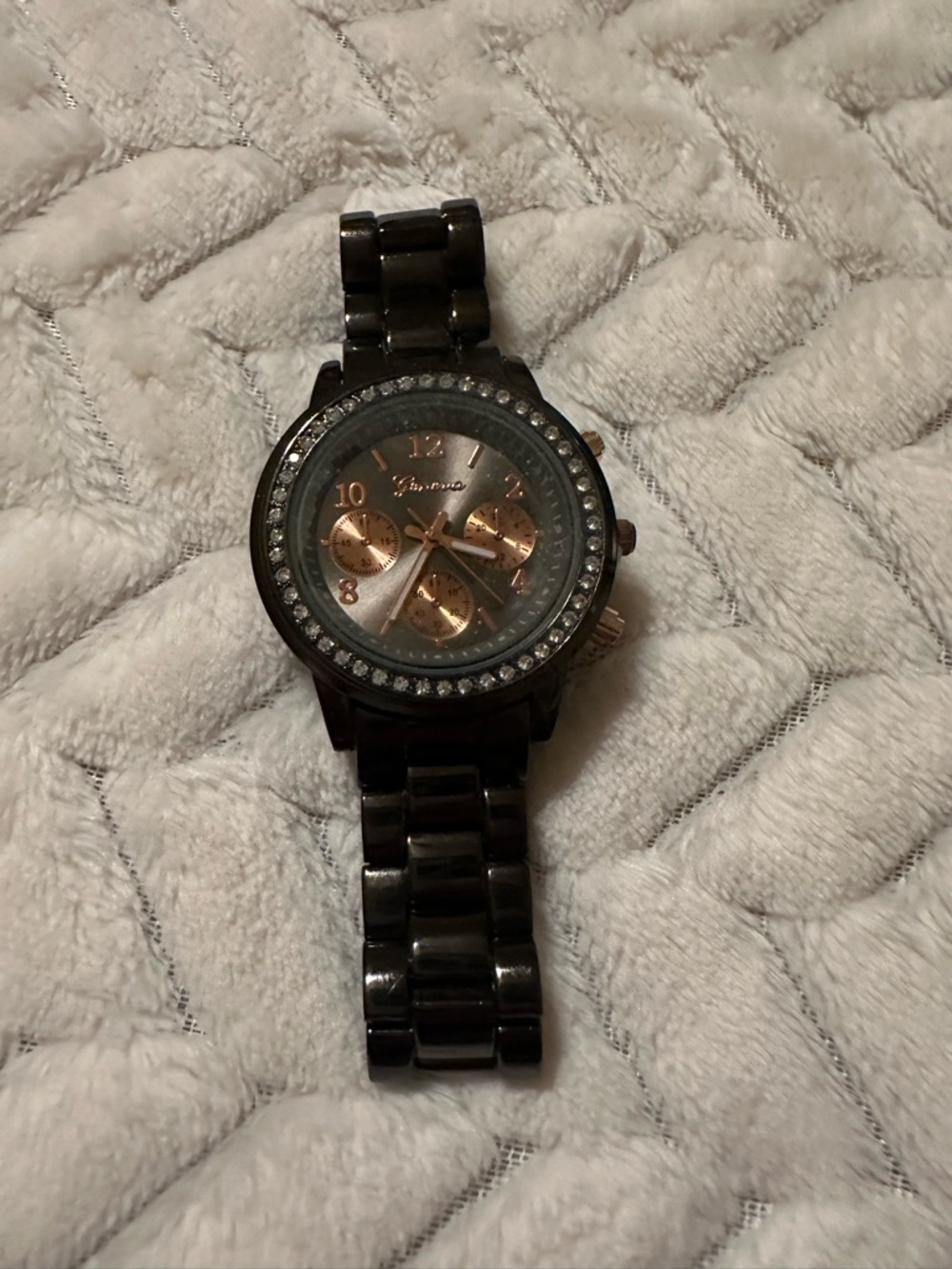 Geneva Dark Gray metallic Watch with Rose Gold Dial and Crystal Bezel